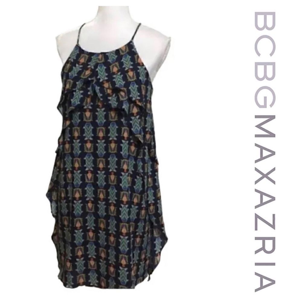 NWT BCBGMAXAZRIA Turtle and Fish Print Ruffle Spaghetti Strap Dress, Size Small